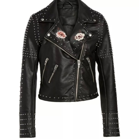 BlankNYC Black Vegan Leather Floral Studded Spiked Moto Jacket - Picture 3 of 10
